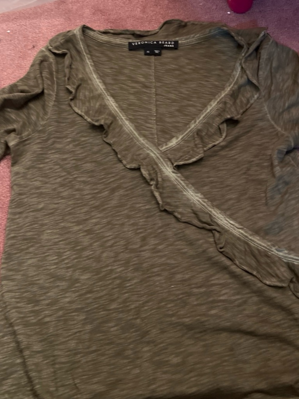 Veronica Beard Olive Slub Knit Ruffle-Trim Wrap Tee